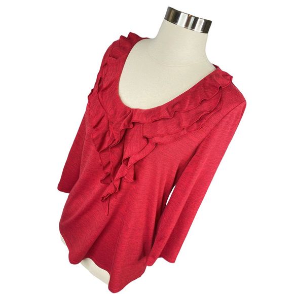 Rafaella Red Ruffle Front V-Neck Lightweight Blouse - Size Medium - Picture 2 of 4